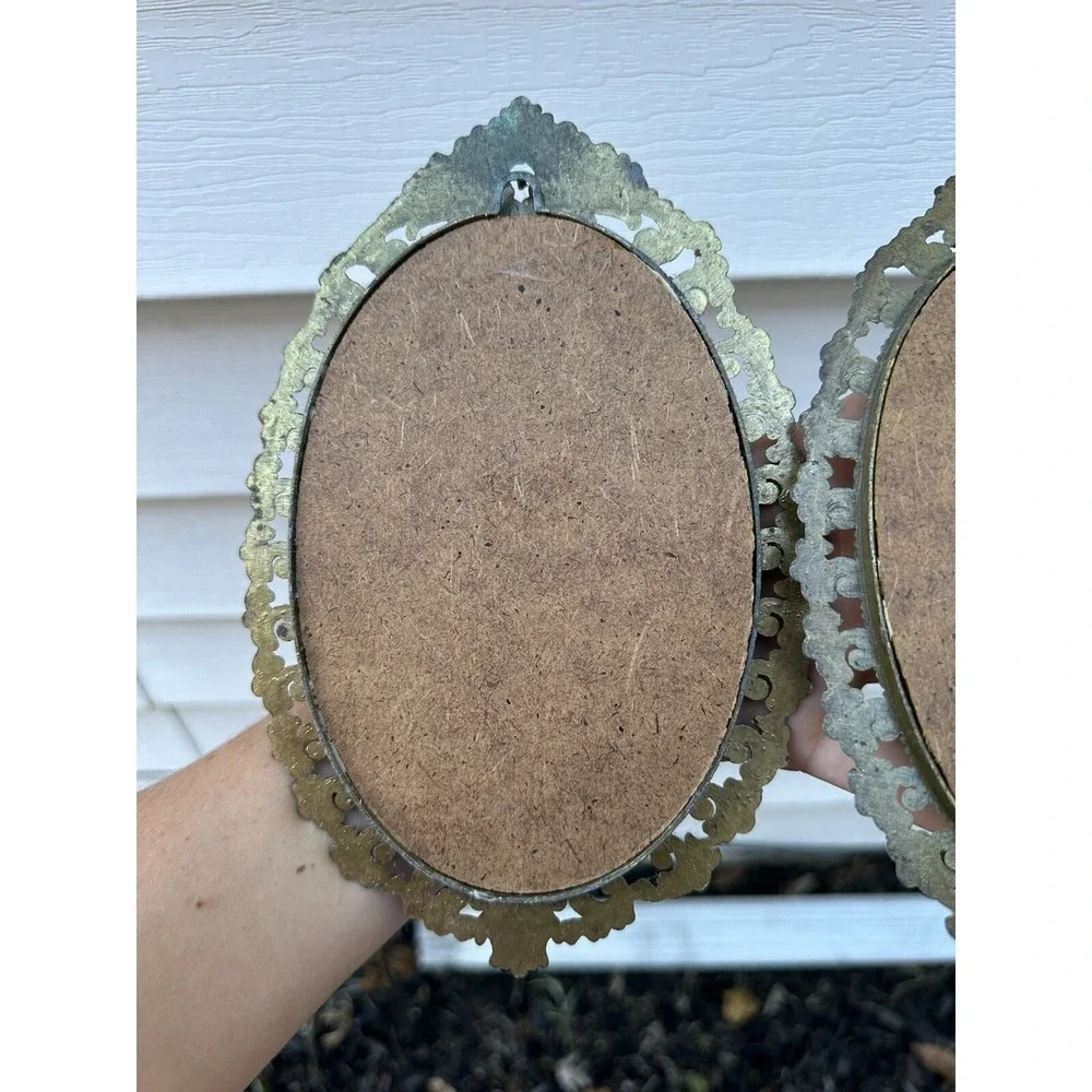Vintage Victorian Brass Oval Ornate‎ Picture Frames Silk Children Outdoors X2